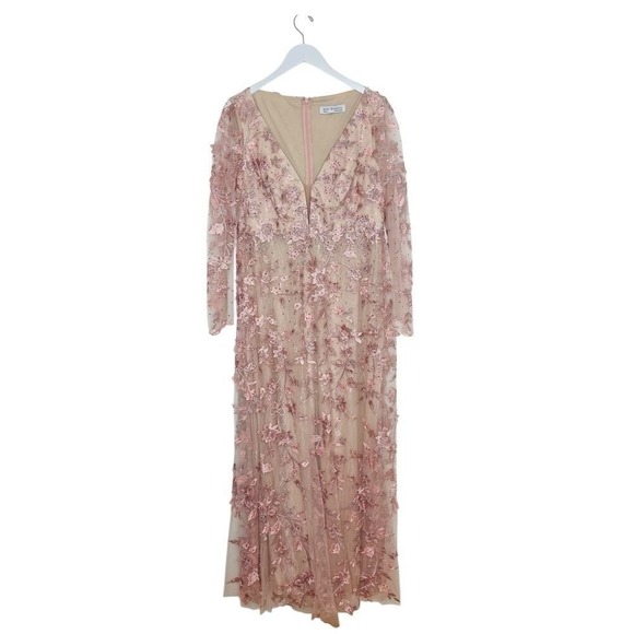 Mac Duggal 70224 Floral Embroidered Long Sleeve Illusion Gown Rose Pink Size 12
